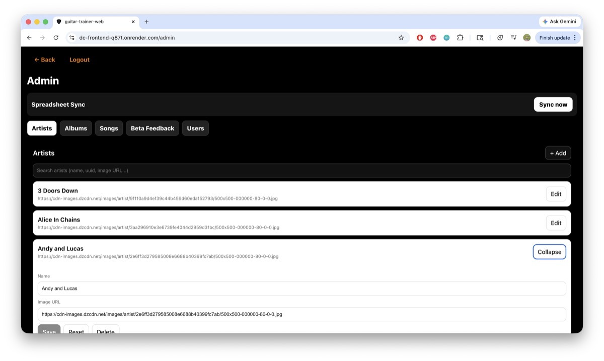 Guitar teacher admin screen for syncing and managing content