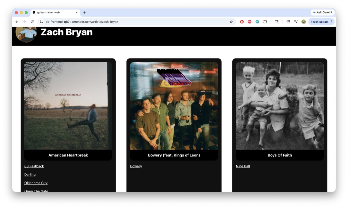 Guitar teacher website artist page with albums and lesson links