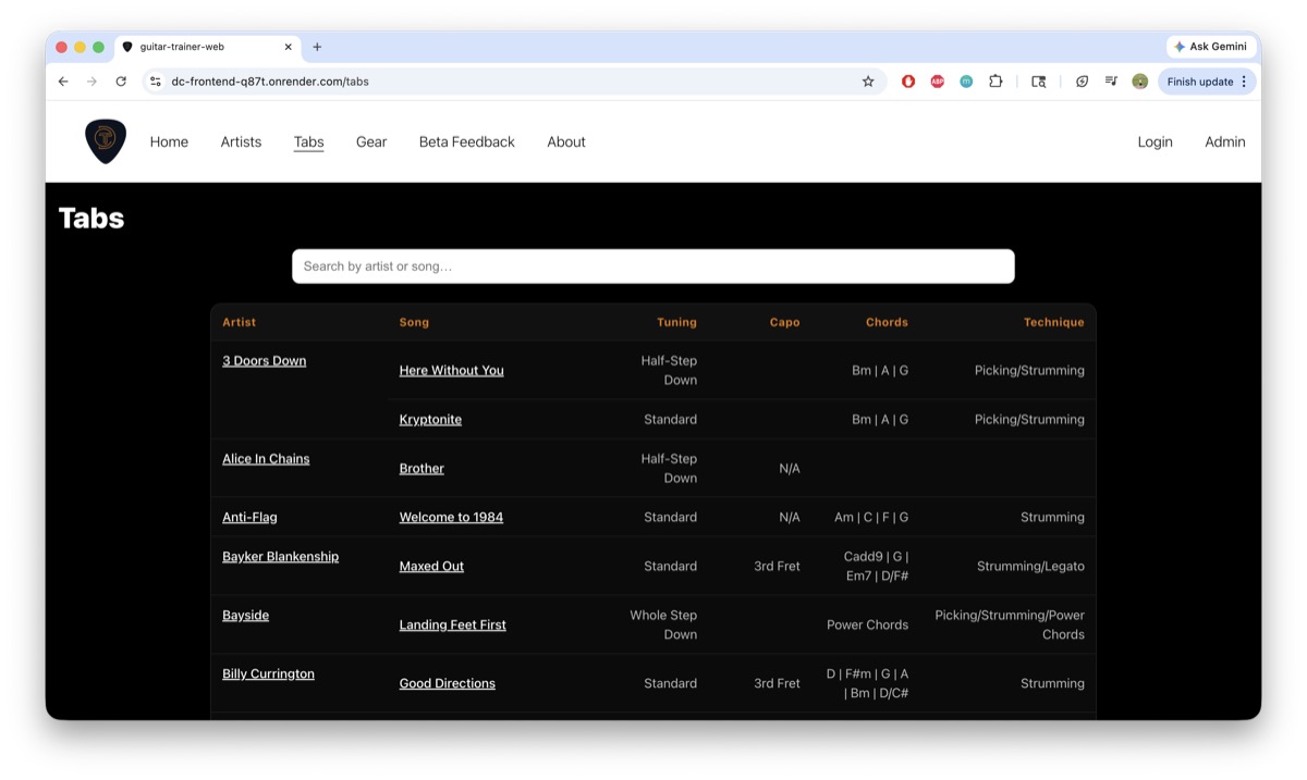 Guitar teacher website tab library with searchable song lessons