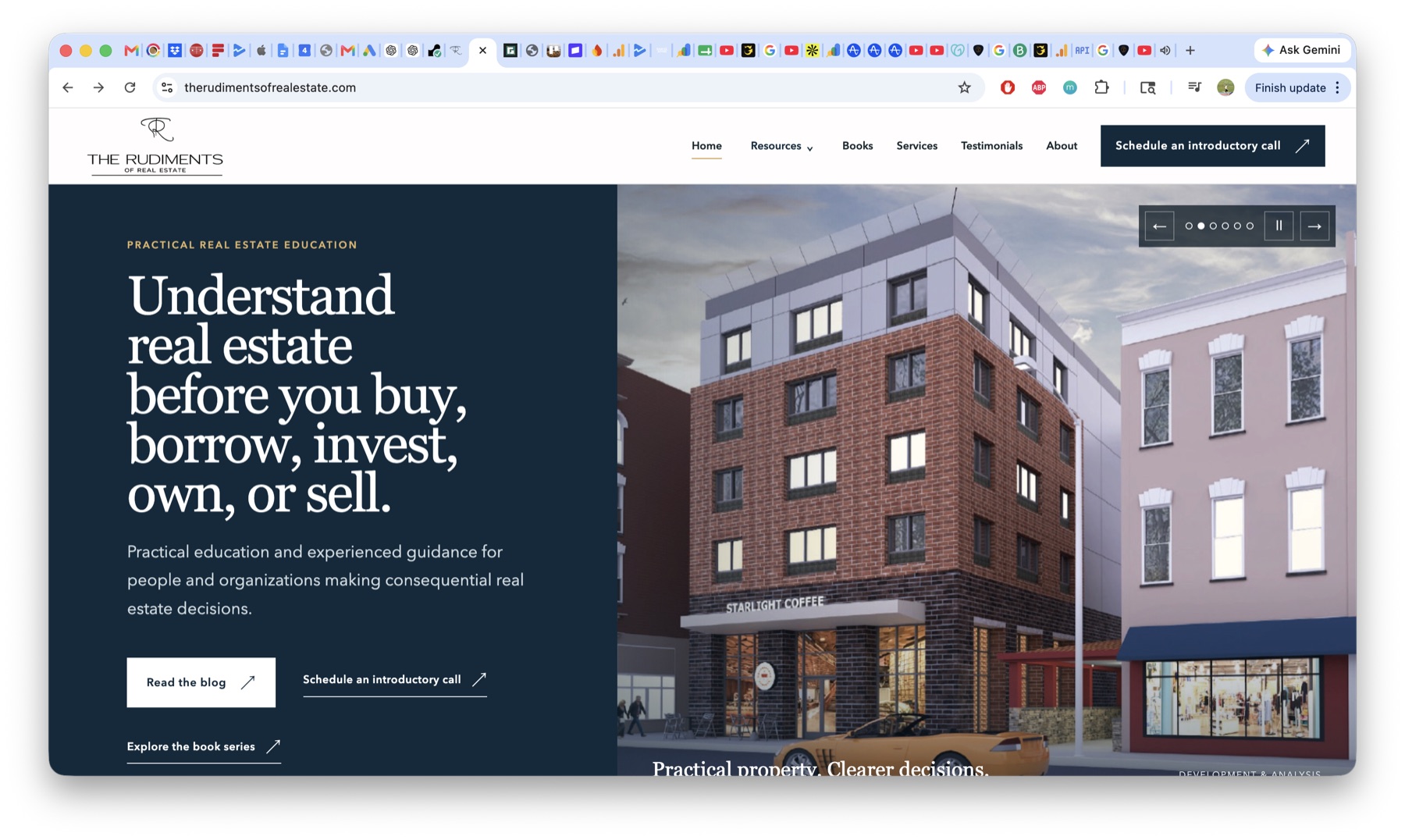 The rebuilt Rudiments of Real Estate homepage with clear paths to articles, books, and consulting