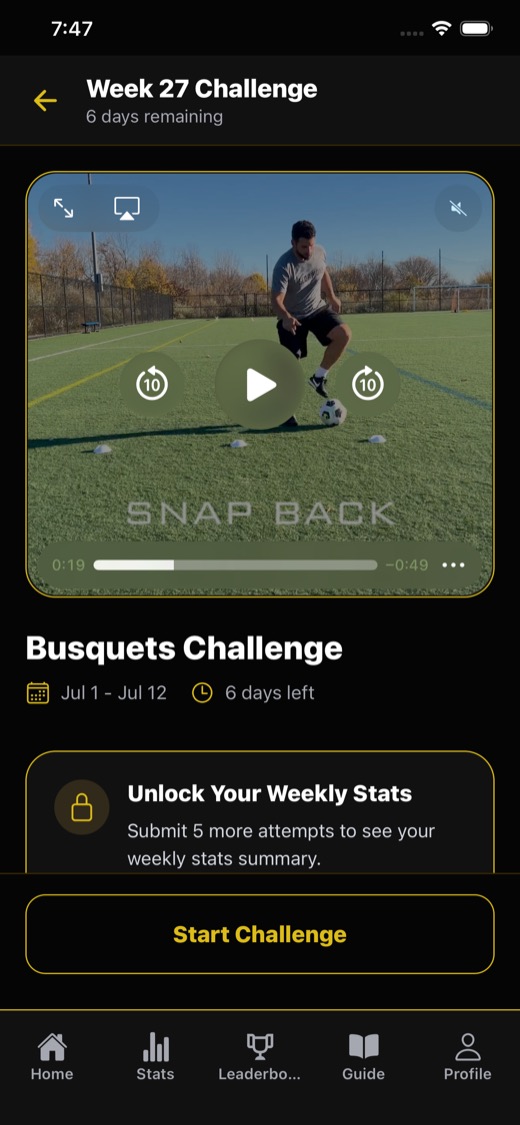 Mobile app challenge screen for a soccer player