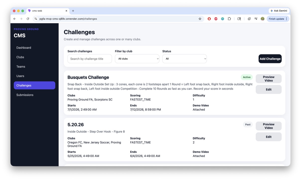 Admin dashboard for managing soccer challenges