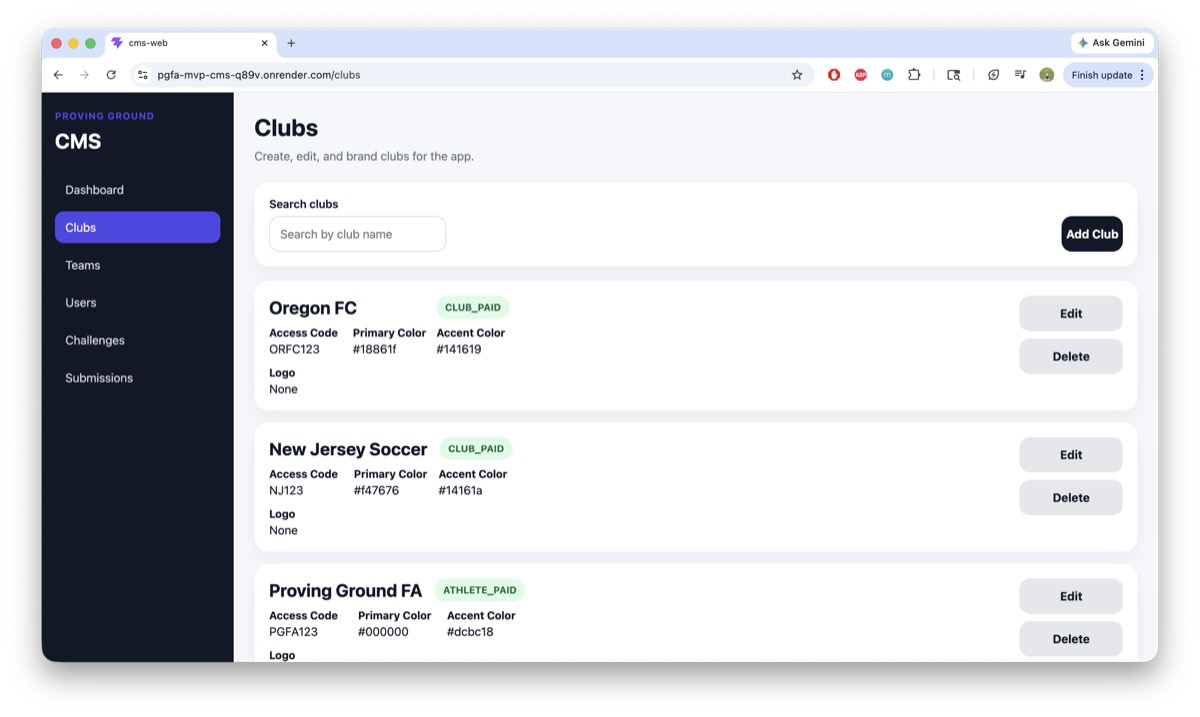 Admin dashboard for managing soccer clubs