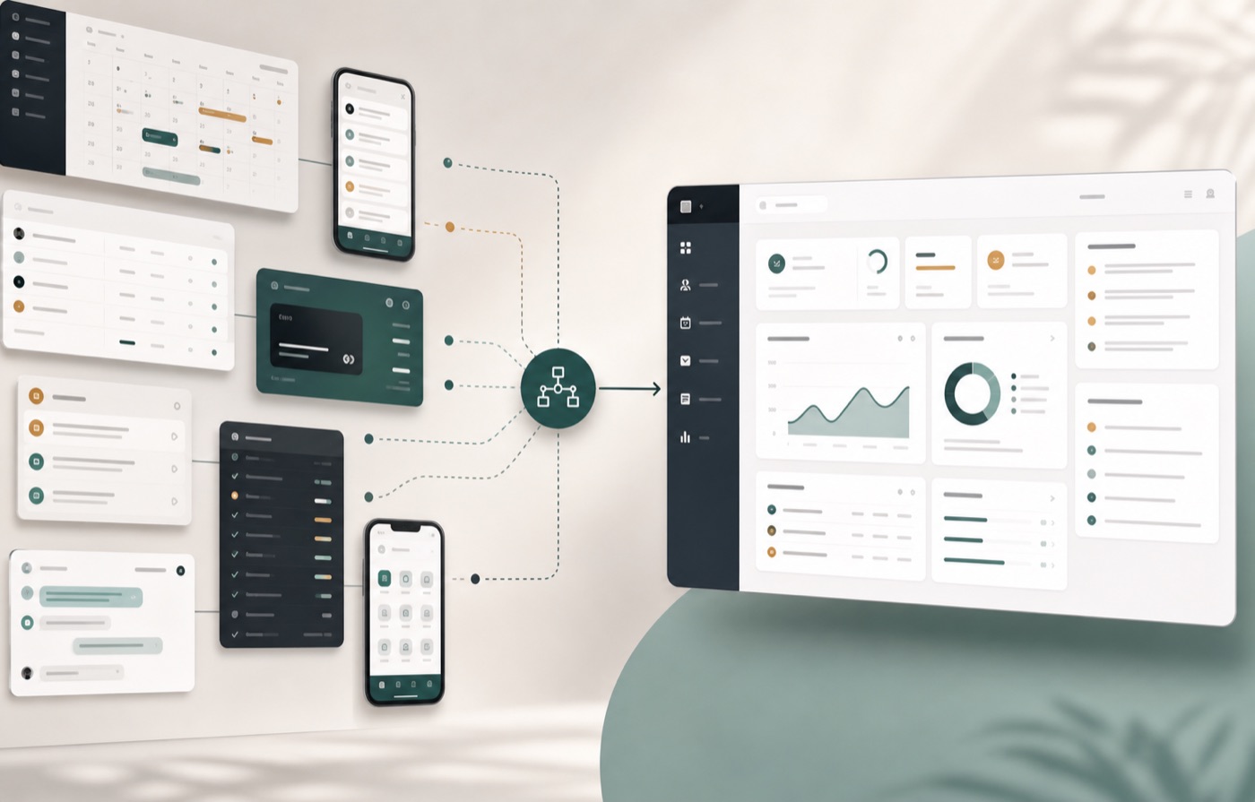 Disconnected business tools feeding into one connected software dashboard
